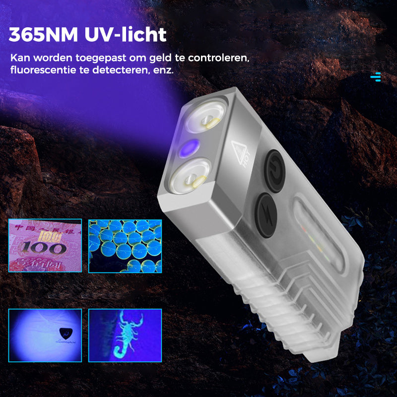 Kleine krachtige EDC-zaklamp met rood UV-blauw licht.